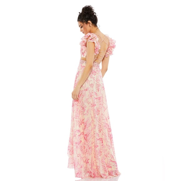 Mac Duggal Floral Flutter Cap-Sleeve V-Neck Lace-Up Gown Size 12 - Picture 6 of 8